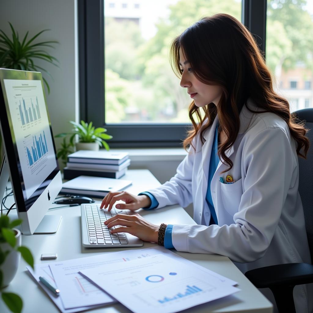 A clinical research coordinator reviewing patient data and study protocols.