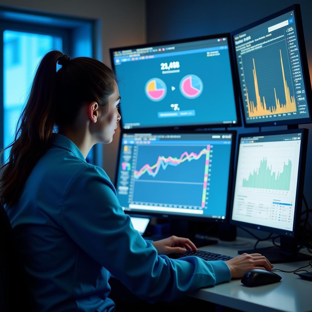 A Clinical Research Data Specialist working on a computer, reviewing data and charts.