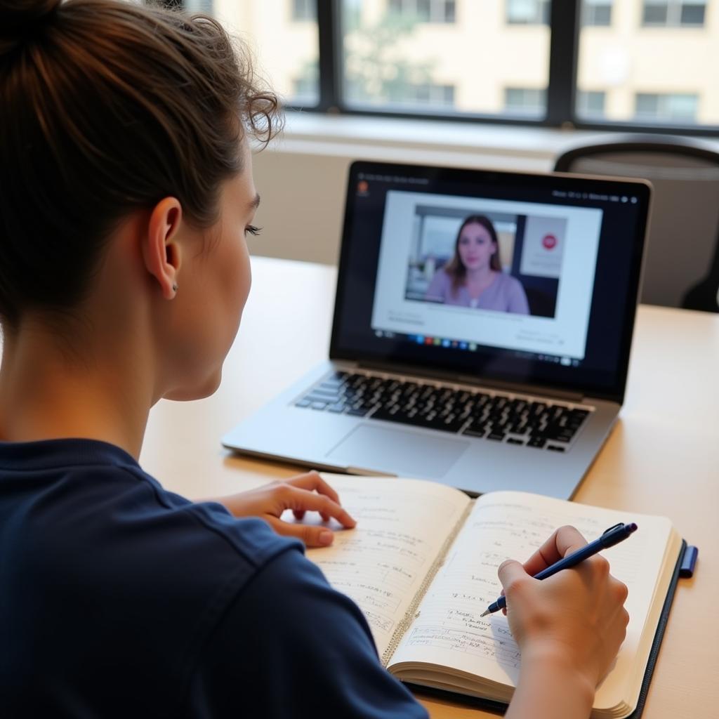 A student studying clinical research online using a laptop and taking notes.