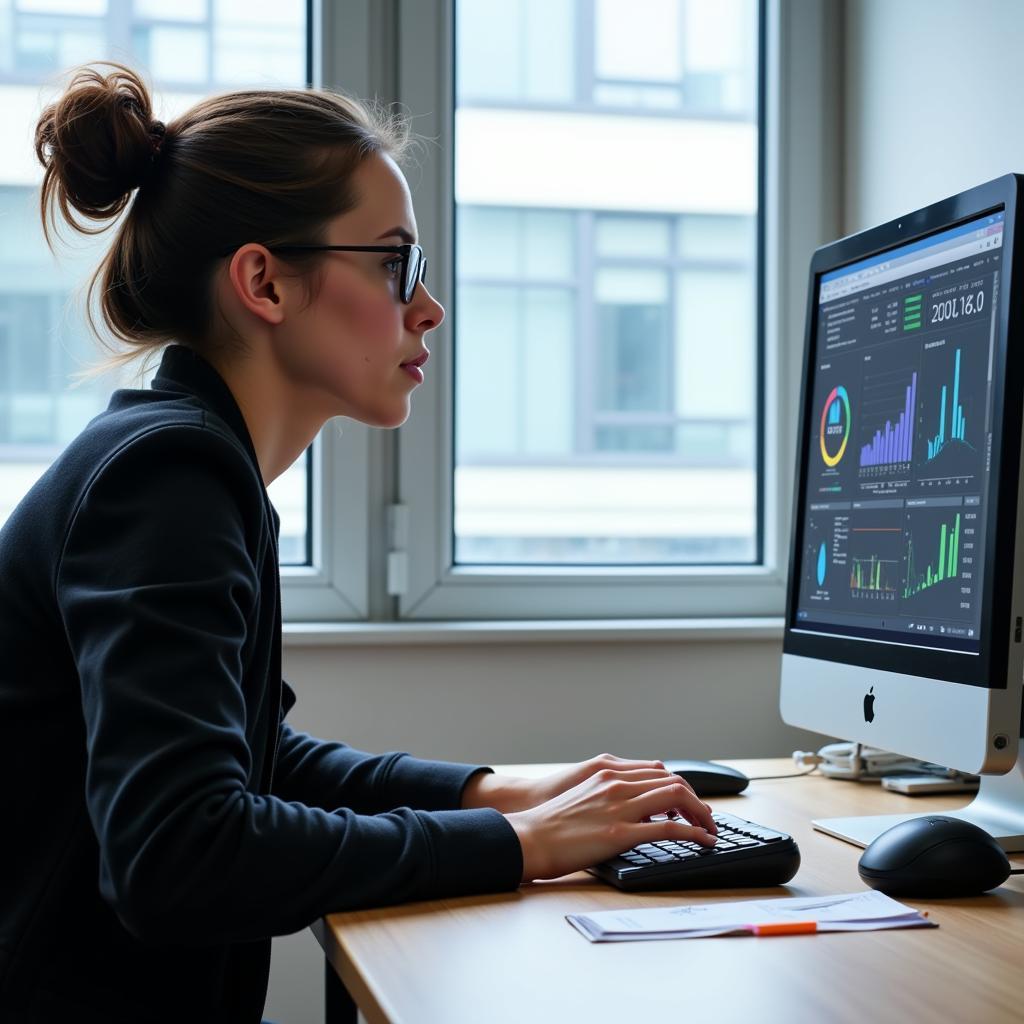 A clinical research intern analyzing data on a computer