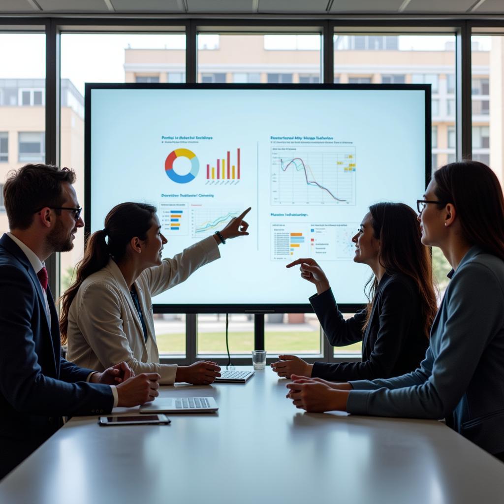 A team of researchers discussing clinical trial results in a meeting room