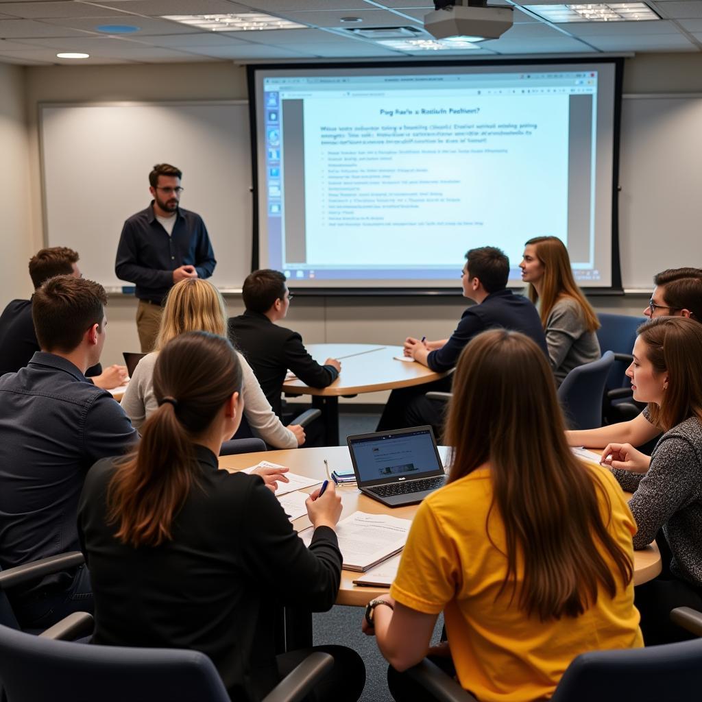 Clinical research management master's degree program with students studying and a professor lecturing.