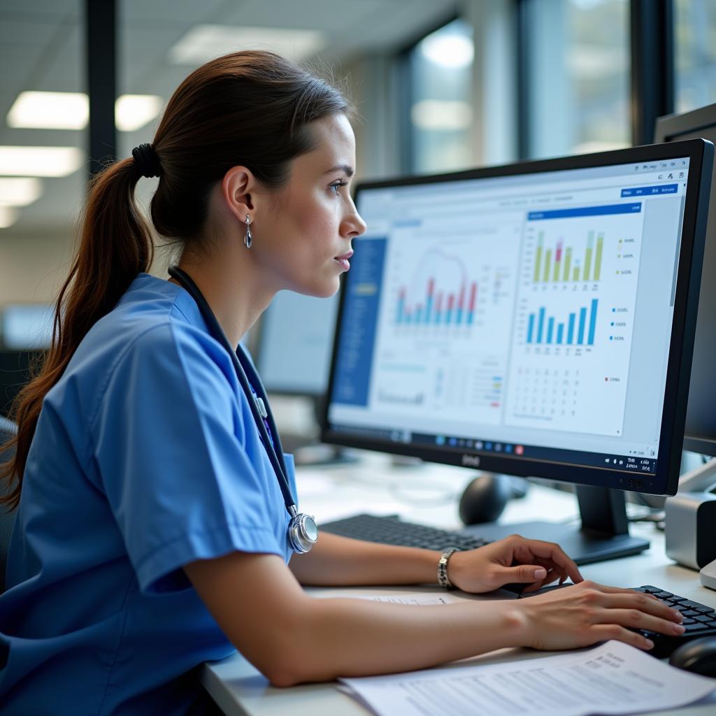 A clinical research nurse meticulously reviews patient charts, ensuring data accuracy and compliance with research protocols.