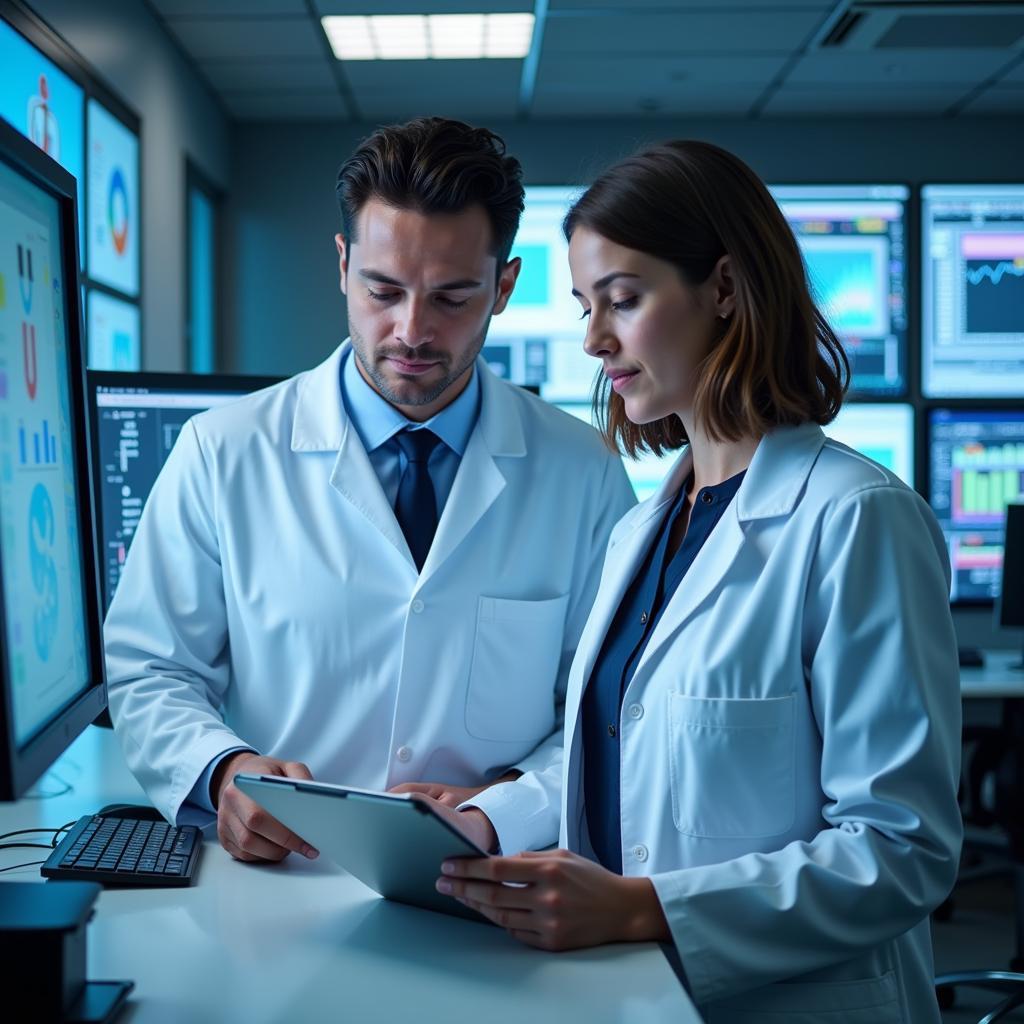 A clinical research pharmacist meticulously reviewing data in a modern laboratory setting