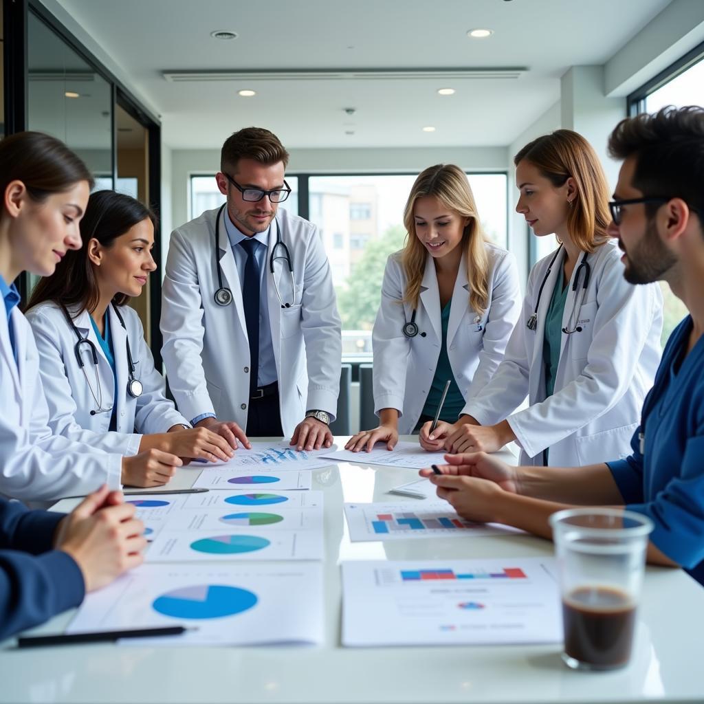 A clinical research team collaborates during a meeting, discussing study protocols and patient data.