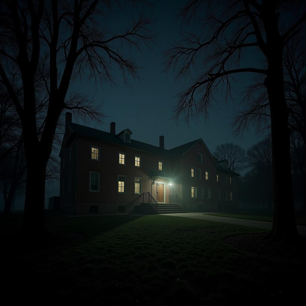 Exterior view of the Colonial Grand at Research Park Durham at night, showing a dimly lit building with an eerie atmosphere.