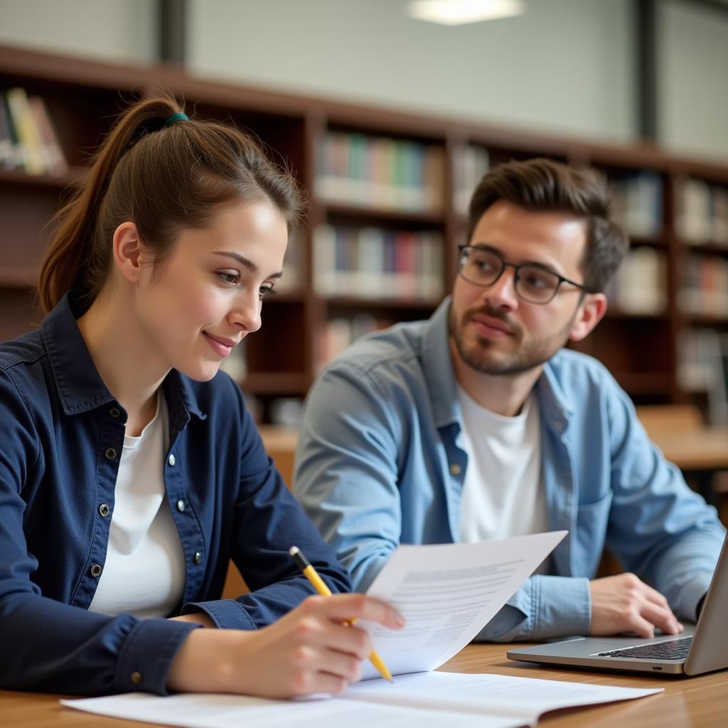 A student discusses their research project with their mentor in a university setting.