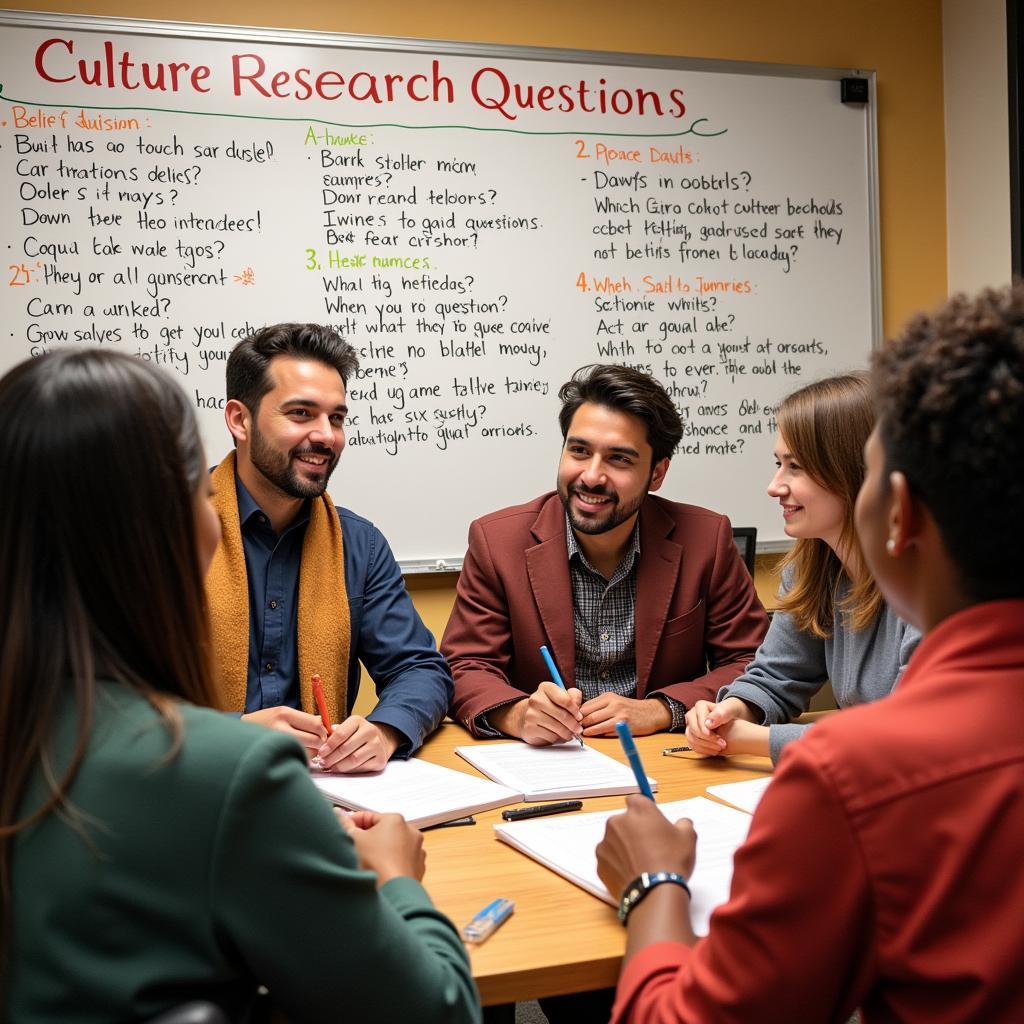 Diverse group discussing cultural research questions