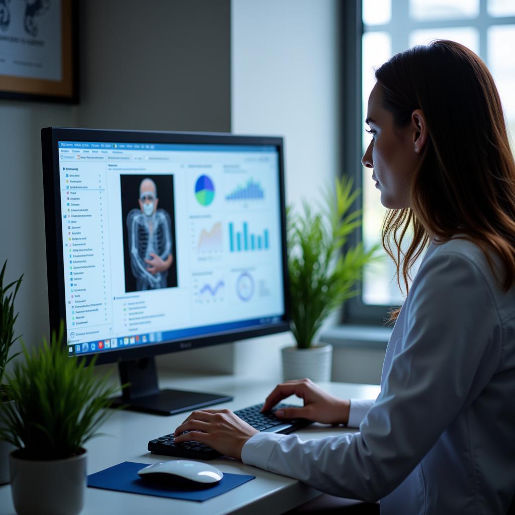 Dermatology research fellow analyzing patient data on a computer.