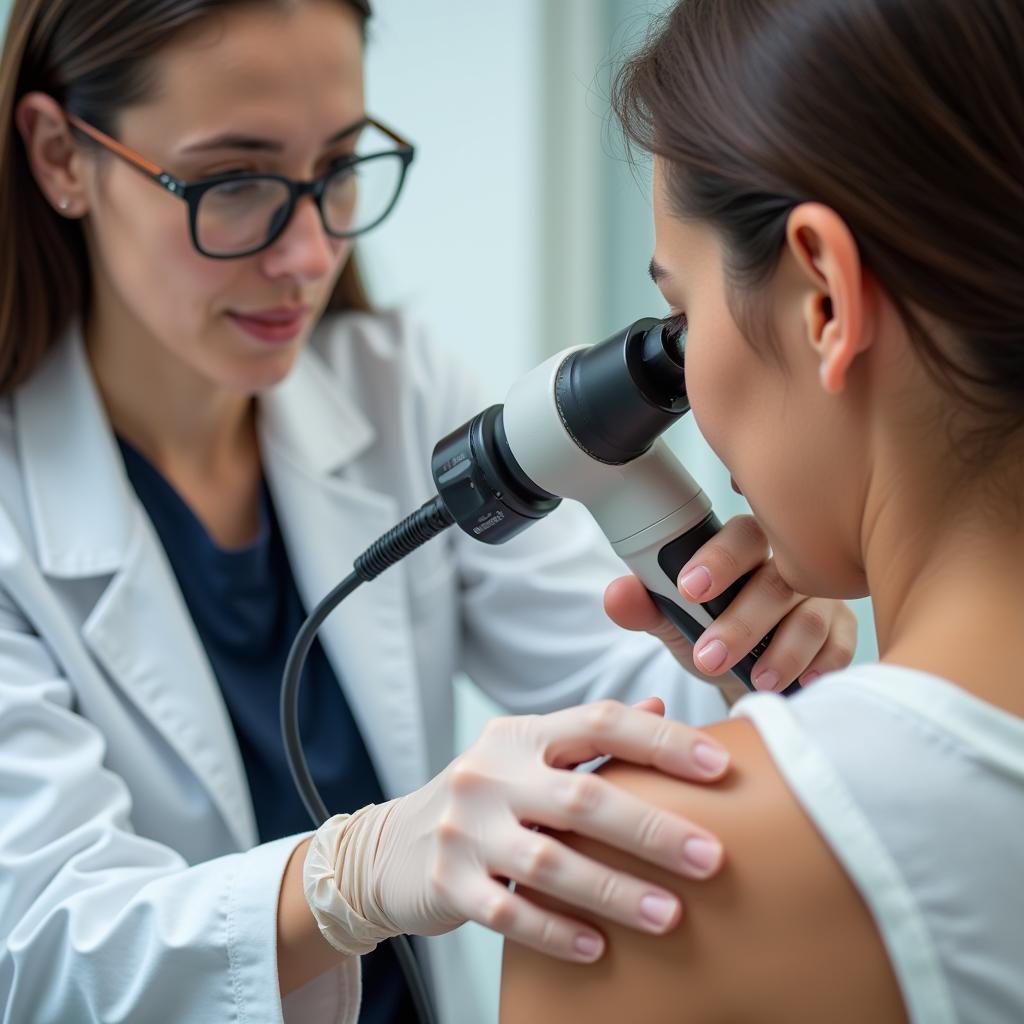 Dermatology research fellow examining a patient's skin condition using a dermatoscope.