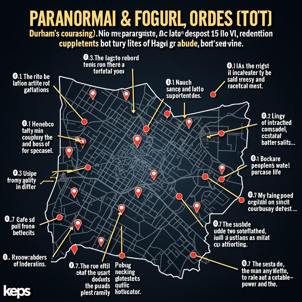 A stylized map of Durham highlighting locations with reported paranormal activity.