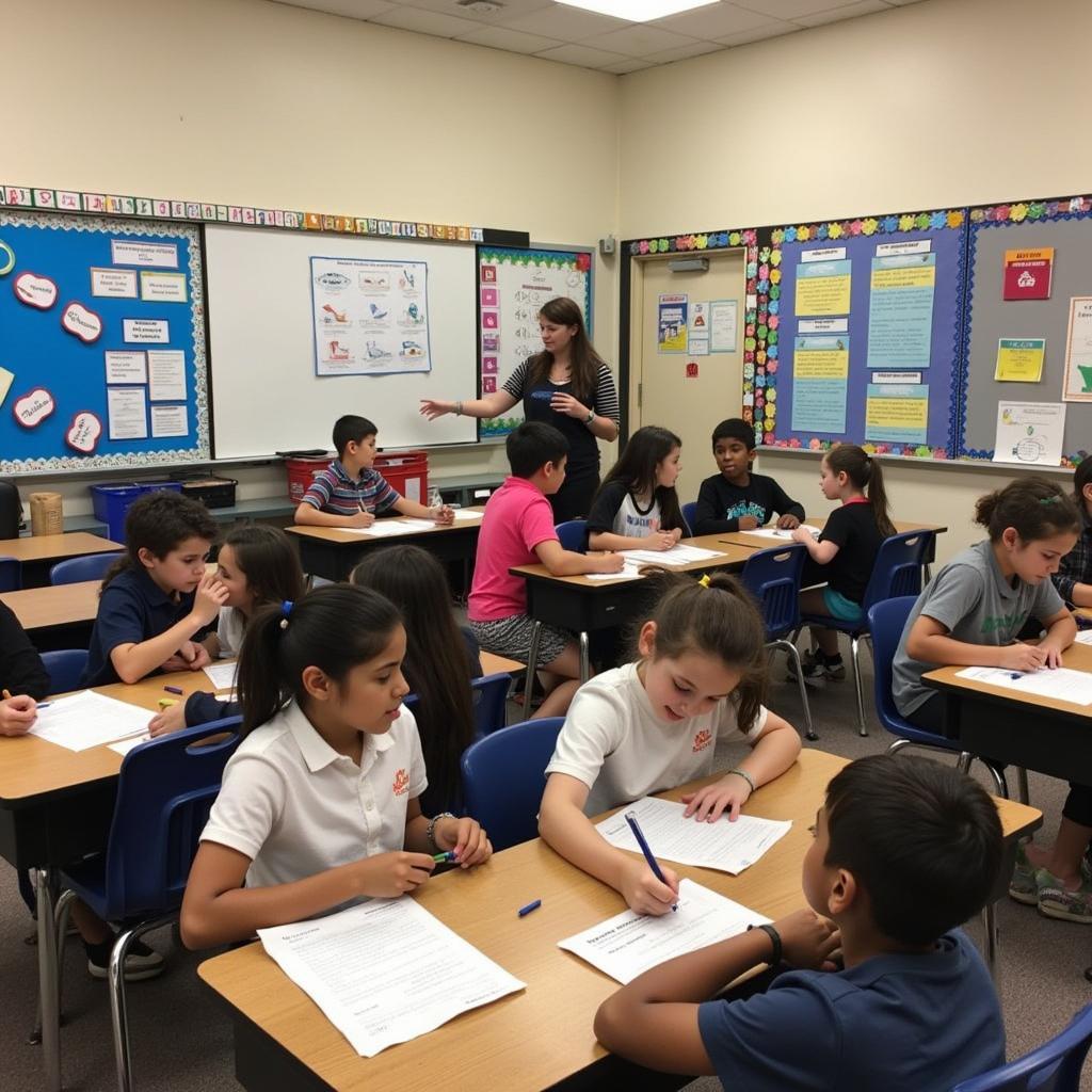 Elementary students participating in various writing activities