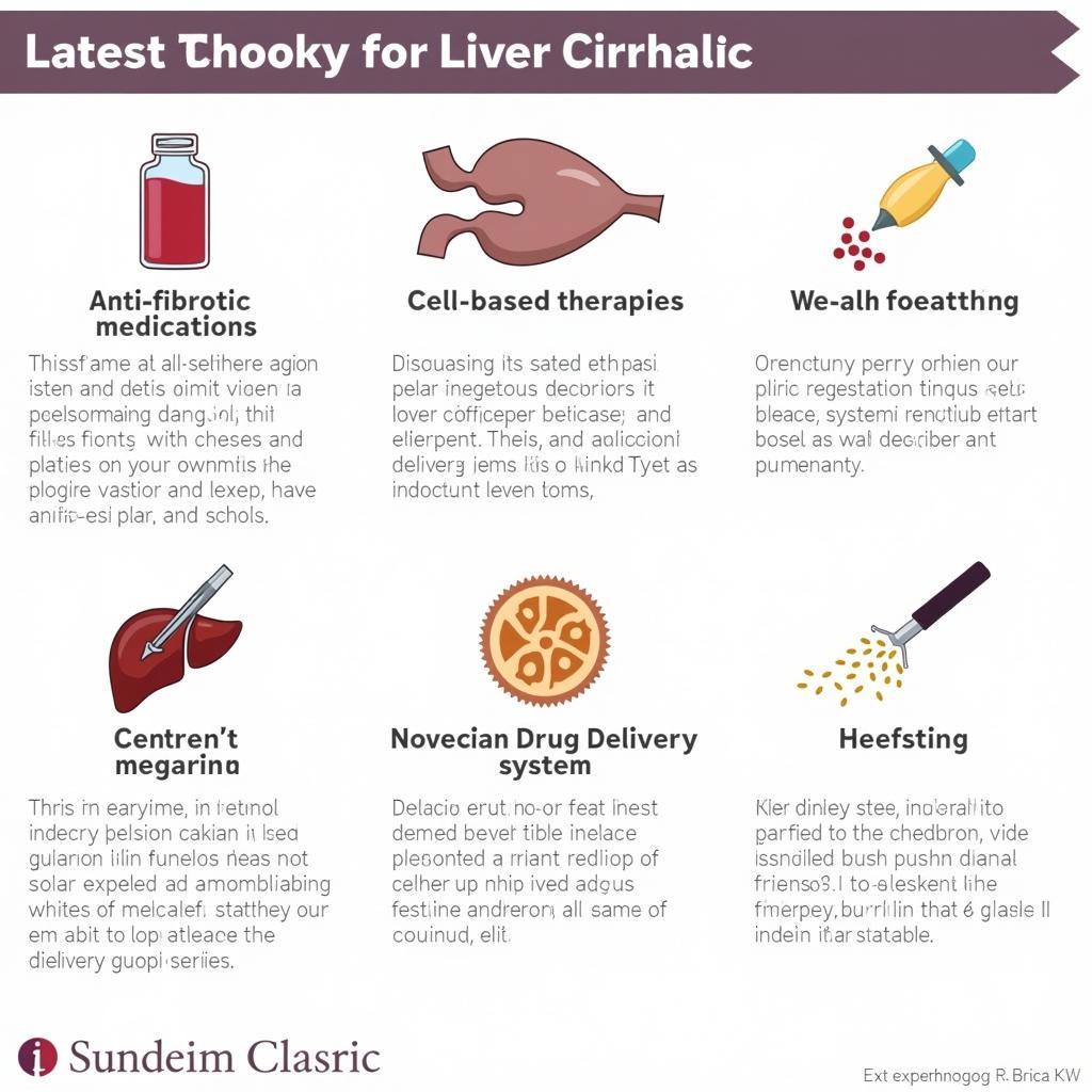 Infographic showcasing emerging treatments and therapies for liver cirrhosis, including anti-fibrotic drugs and cell therapies