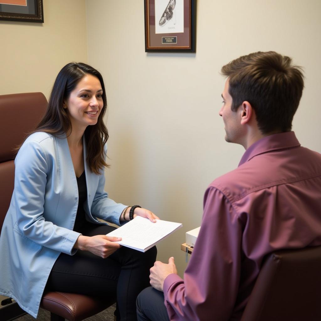 Emory clinical research coordinator interacting with a patient, explaining the study details and answering questions.