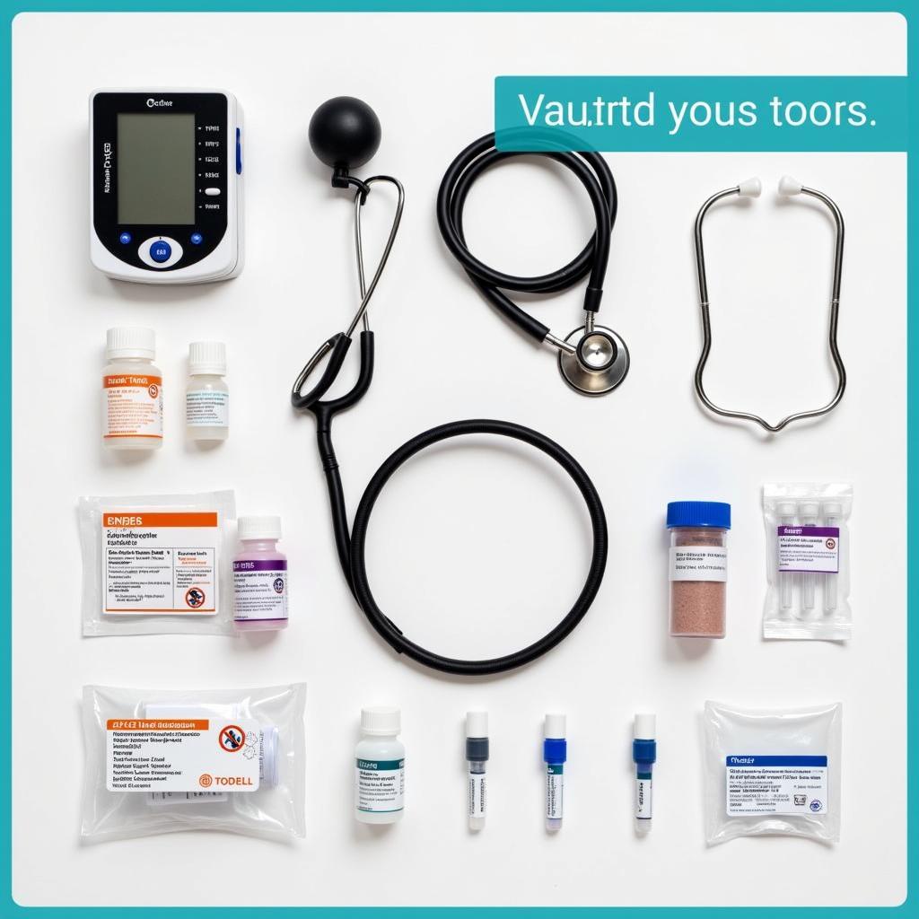 Essential medical equipment for a home visit, including a blood pressure monitor, stethoscope, and sample collection kits.