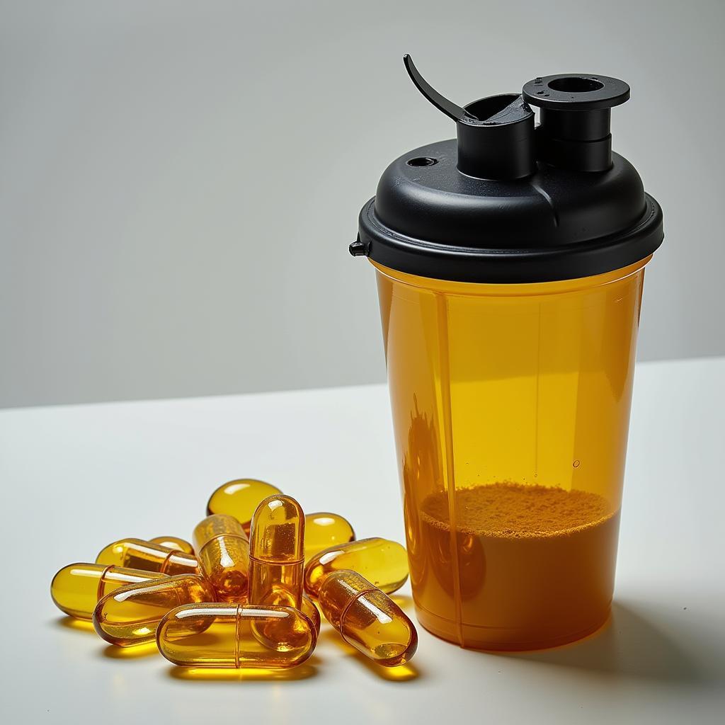 Fish oil capsules and a shaker bottle, representing the potential benefits of fish oil for sports performance and recovery.