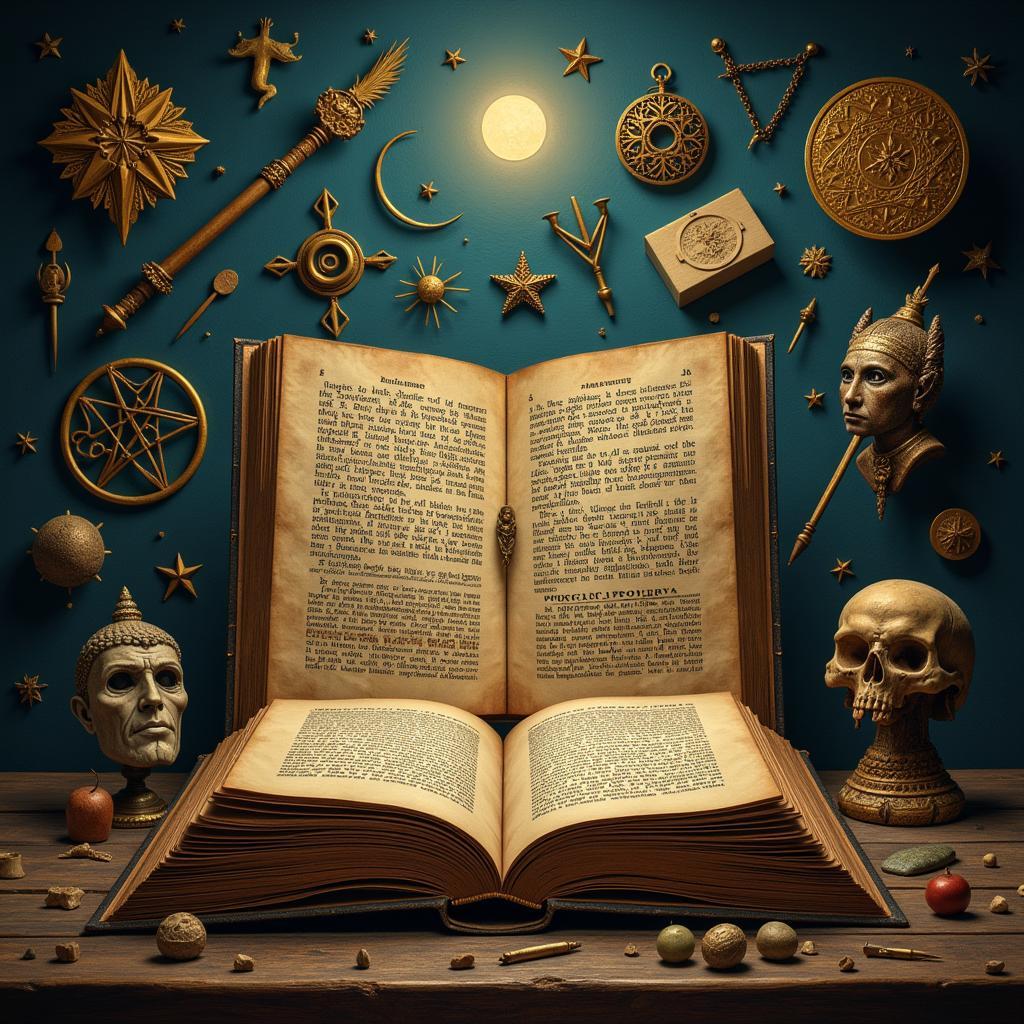 An open book surrounded by symbols representing various myths and legends, illustrating the connection between folklore and paranormal research.