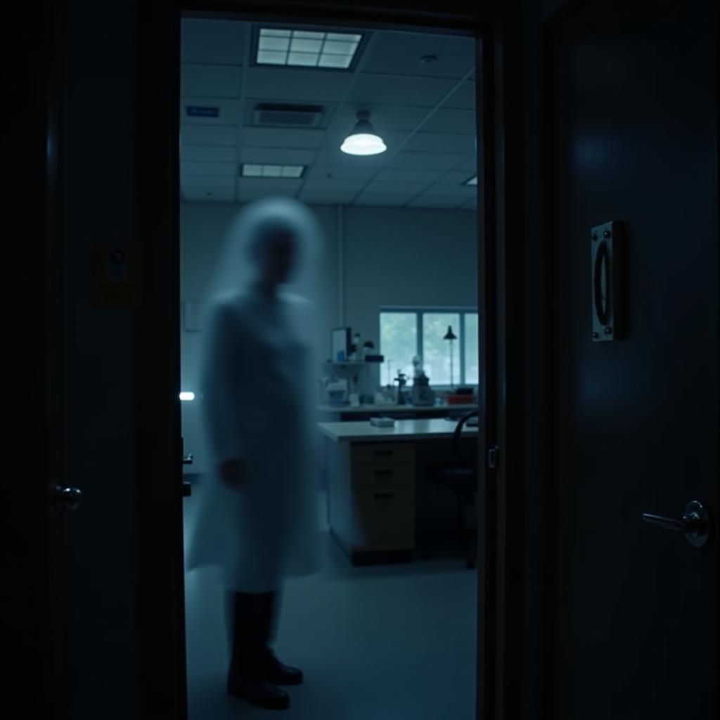 A ghostly figure appearing in a research lab