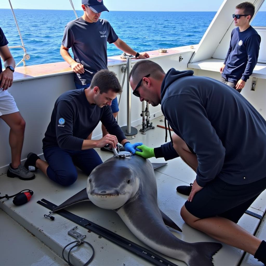 Researchers Collecting Data on a Great White Shark