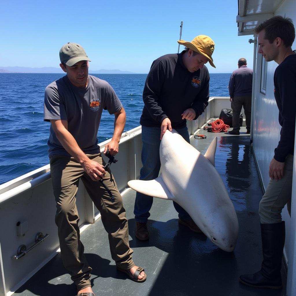 Researchers Tagging a Great White Shark for Tracking