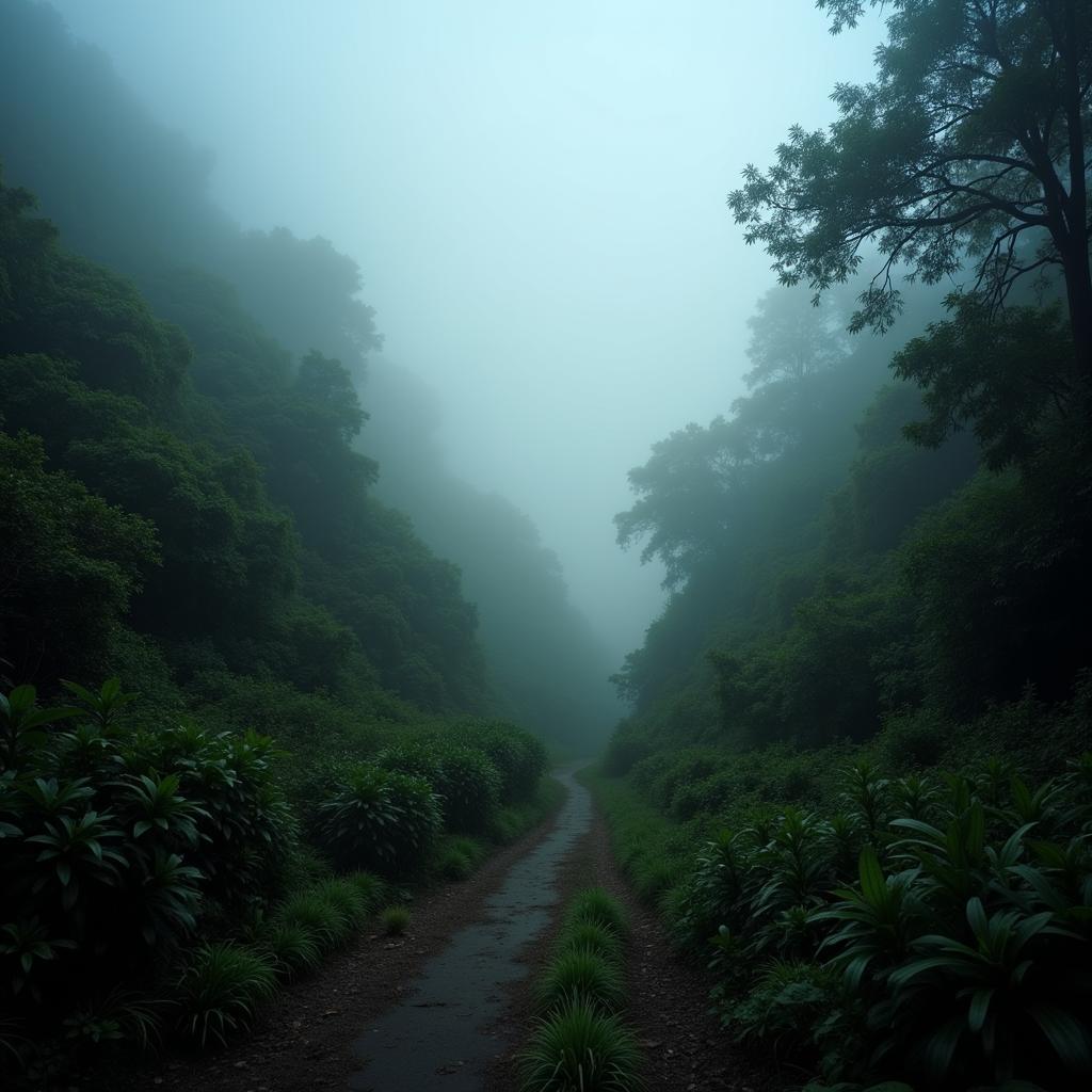 Foggy trail through the Guana Research Reserve with an eerie atmosphere