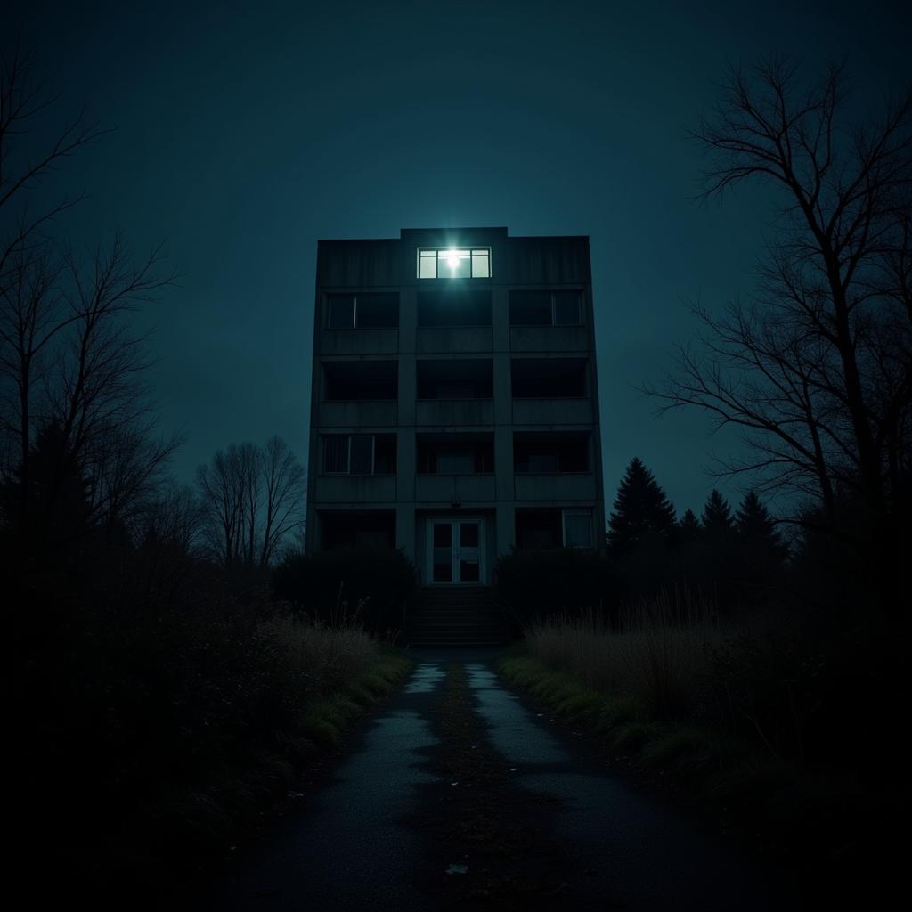 A dimly lit, abandoned research building at night, with an eerie glow emanating from a window on the top floor.