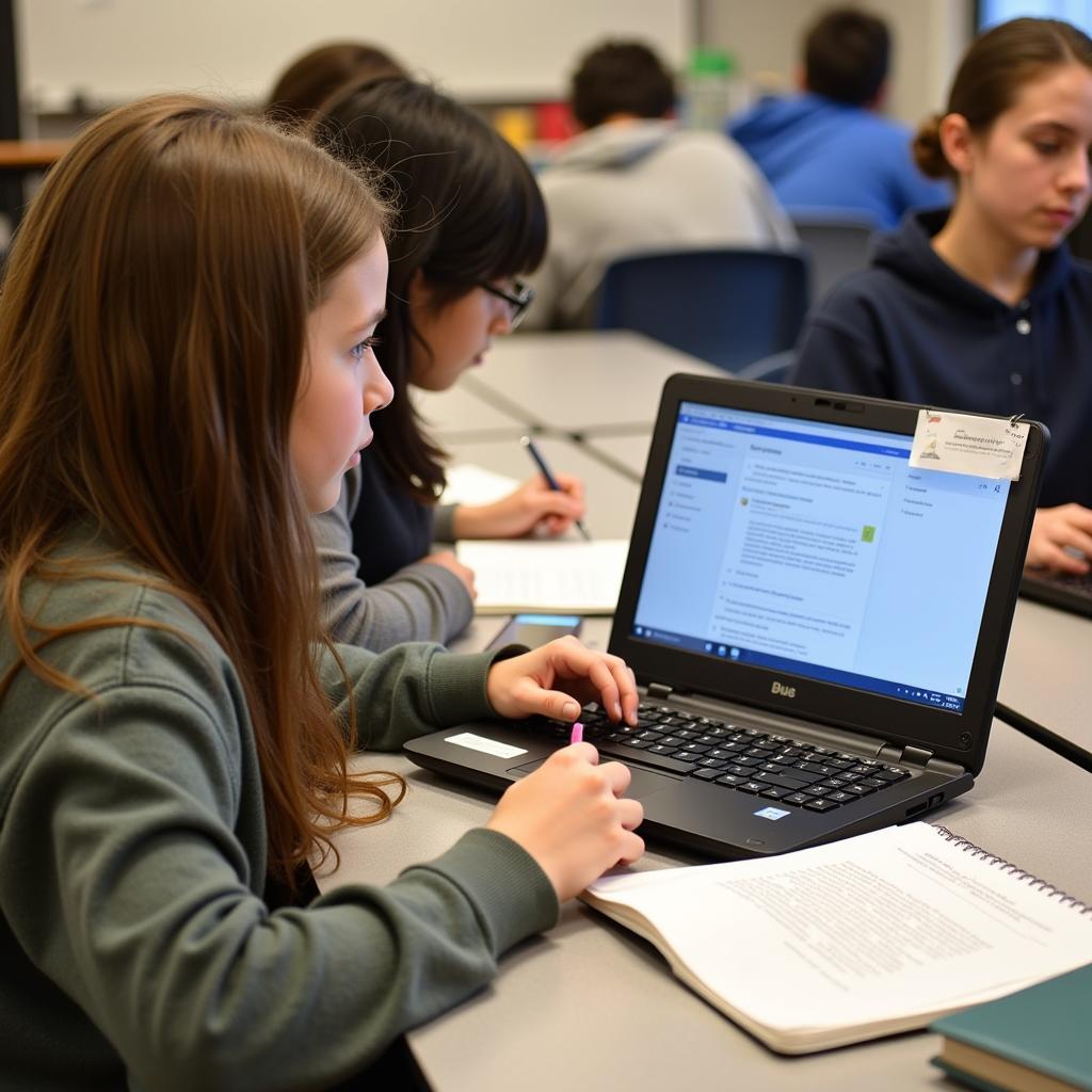 High school student researching online using a laptop and taking notes