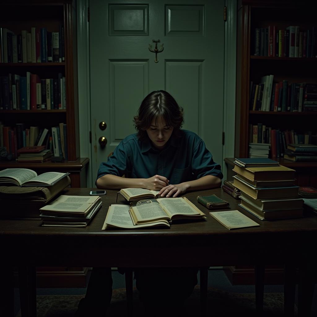 High school student researching paranormal activity in a dimly lit room, surrounded by books and research materials.