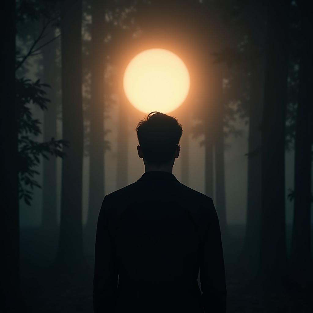 Silhouette of a person observing a glowing orb