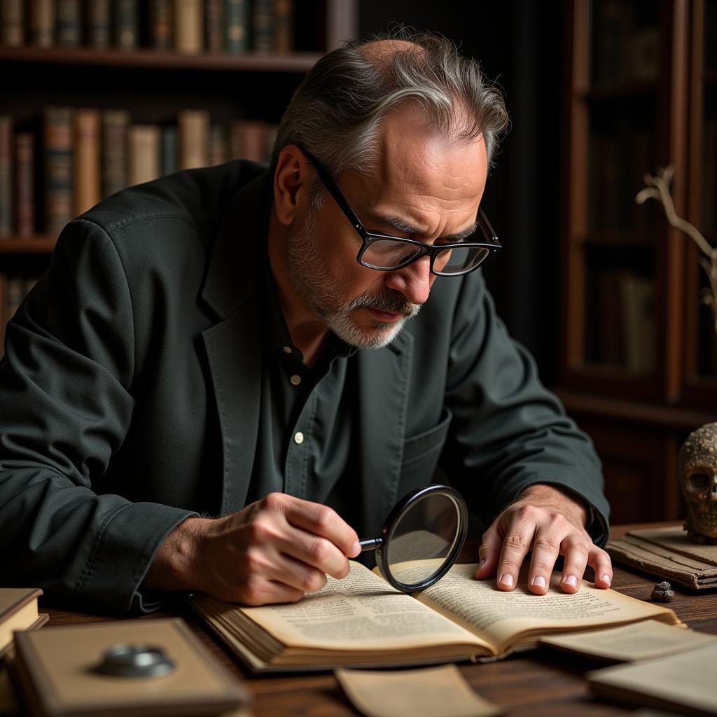 A researcher examining ancient texts related to paranormal phenomena.