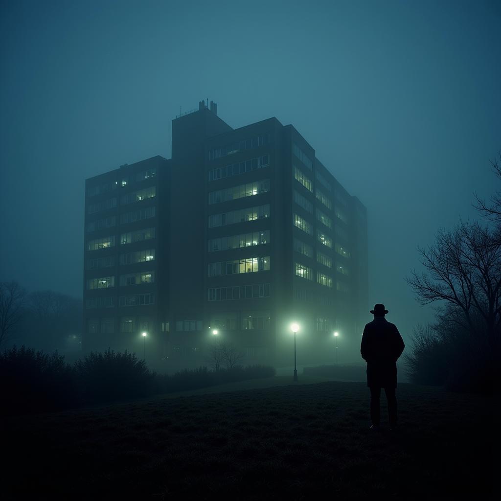 Night view of the J.J. Pickle Research Campus with a mysterious fog rolling in, hinting at a paranormal presence.