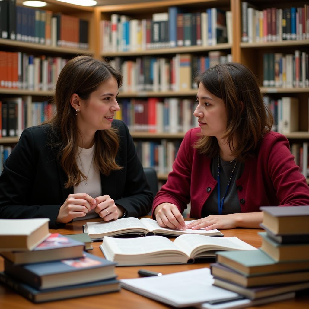 Student and faculty member discussing research in JHU library