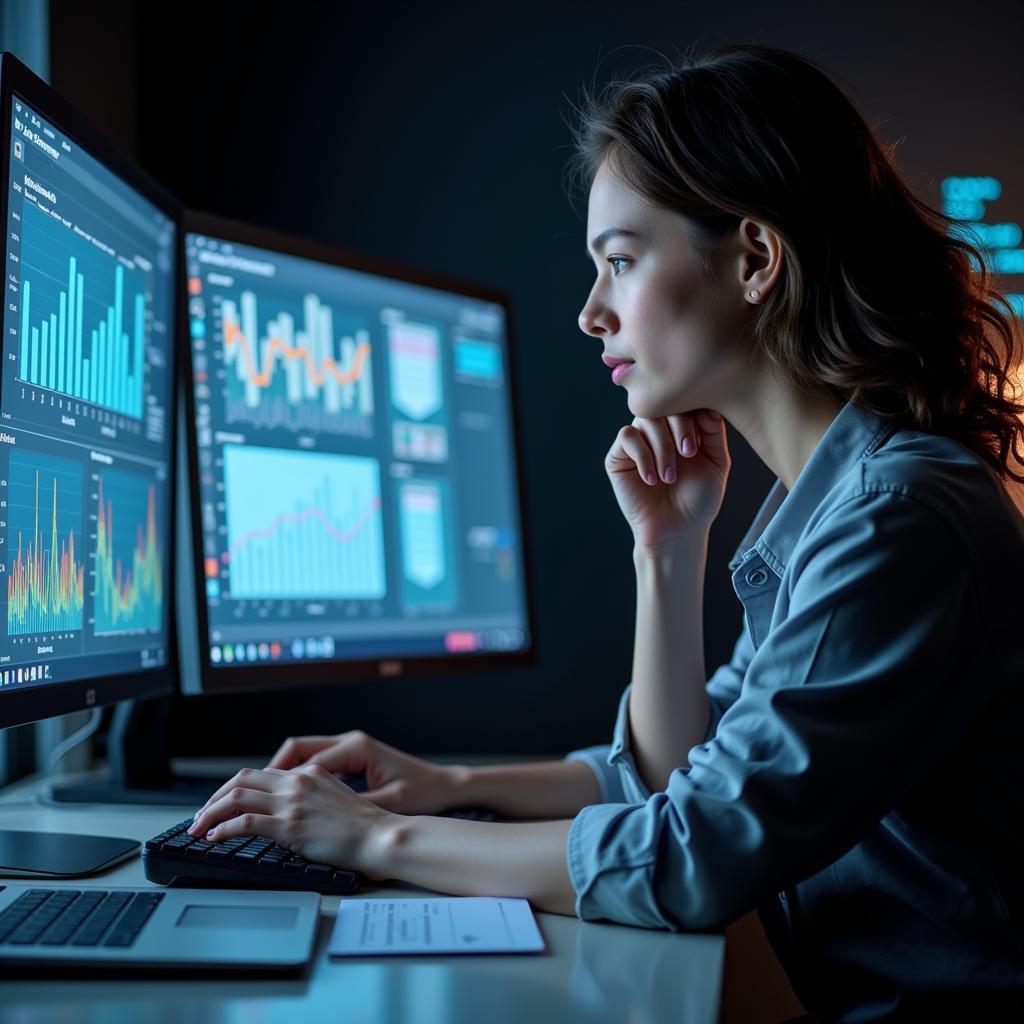 Market research analyst analyzing data on a computer, using specialized software and charts.