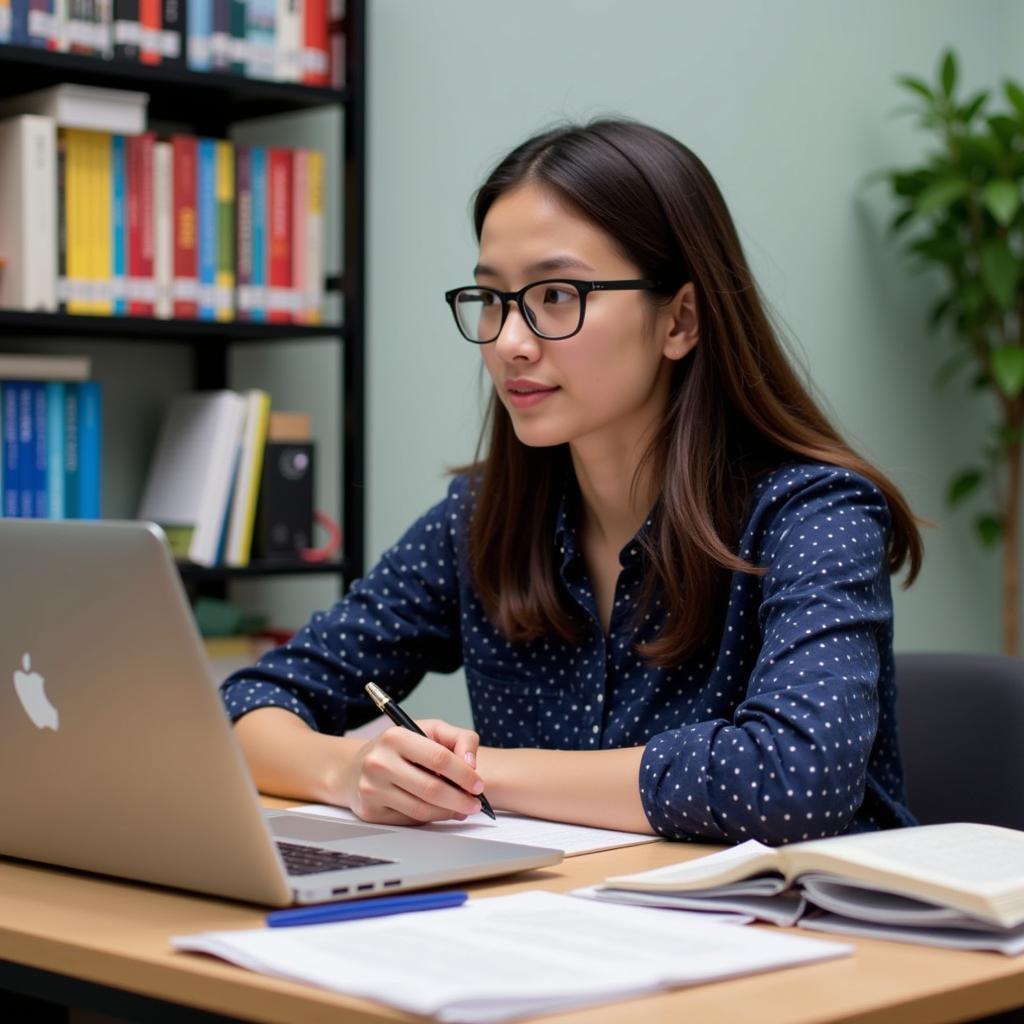 A student studying operations research at their desk with books and a laptop.