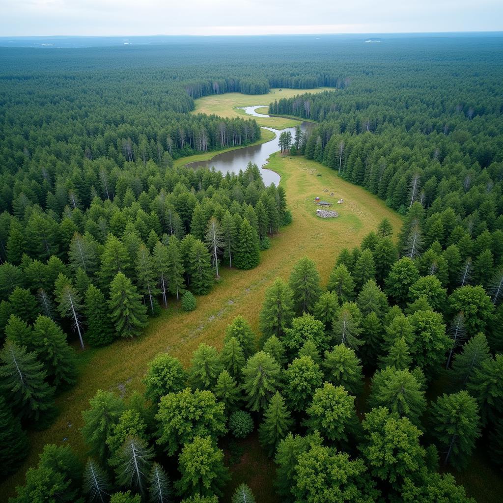 Aerial view of McDonald Research Forest showing diverse ecosystems and dense woodland