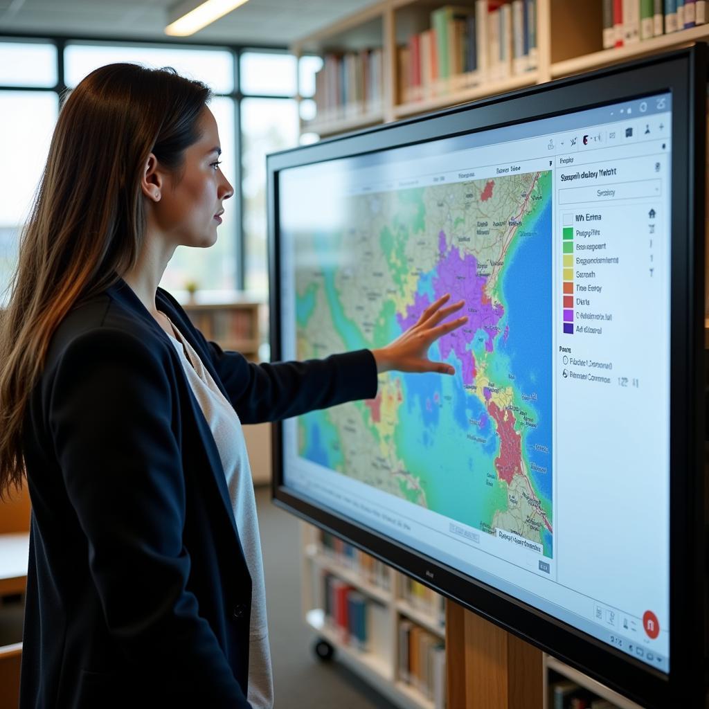 A user interacting with a digital map interface on a library computer