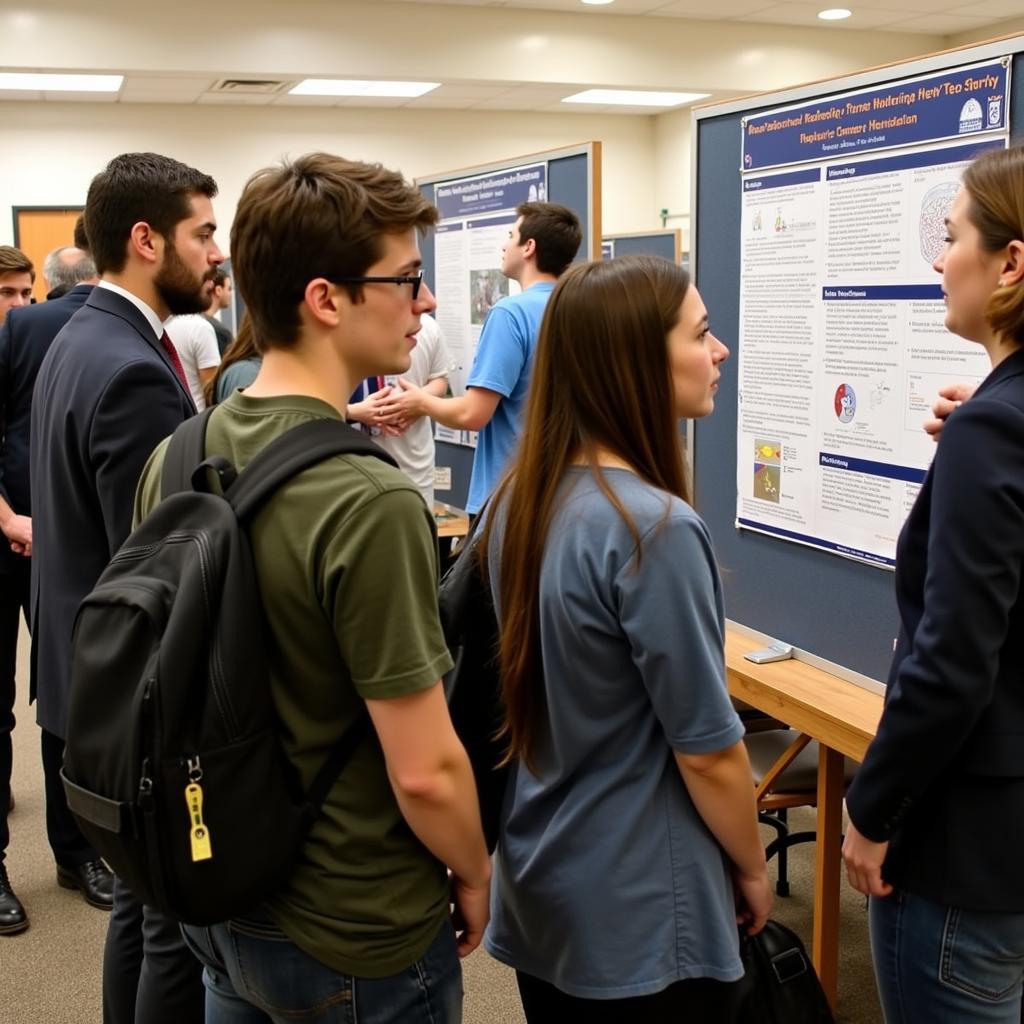 A group of neuroscience research interns presenting their research findings at a poster session.