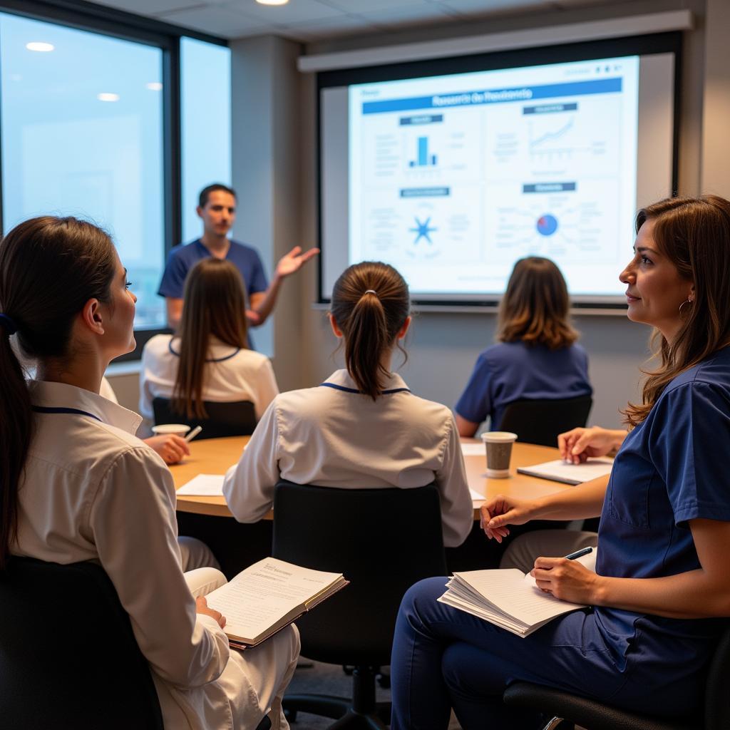 Nursing research and professional development: Nurses attending a conference on research methodologies.