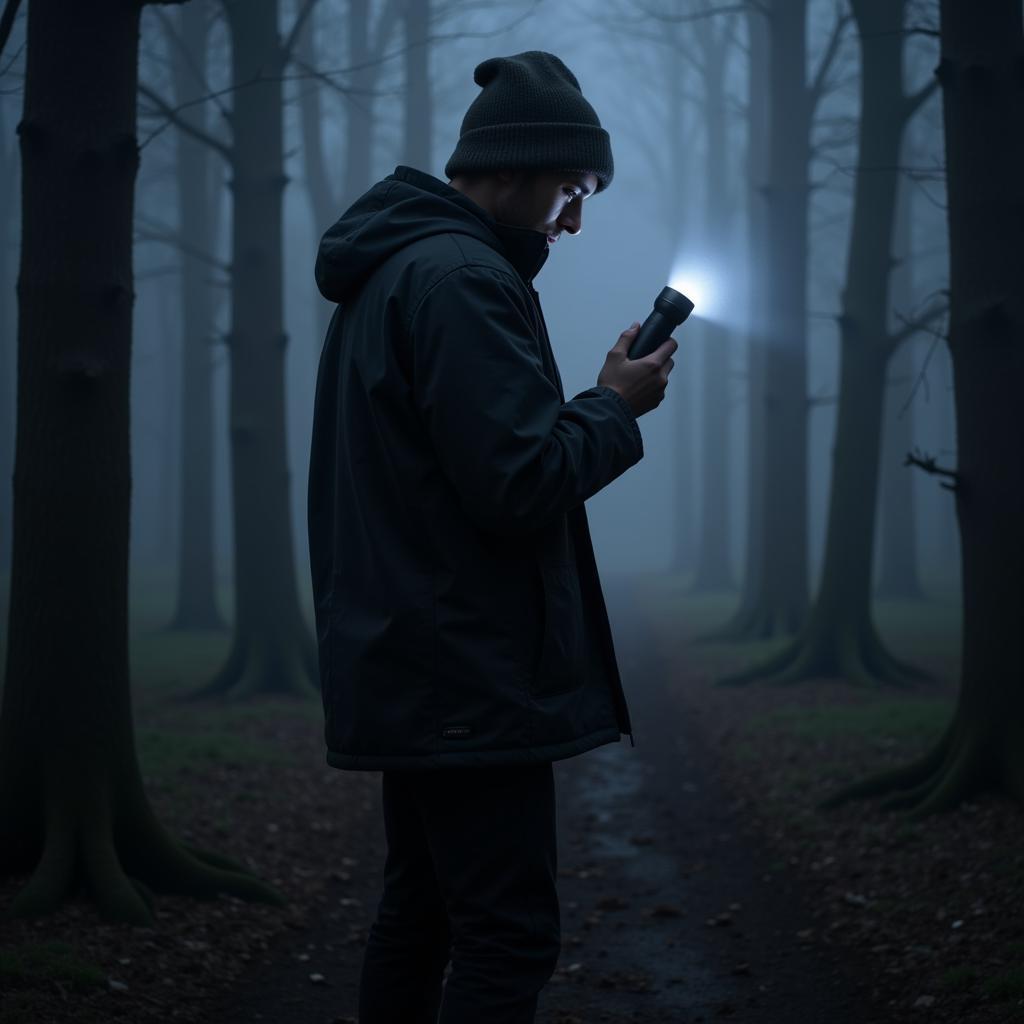 Paranormal investigator wearing an Outdoor Research Drye Beanie in a foggy forest at night