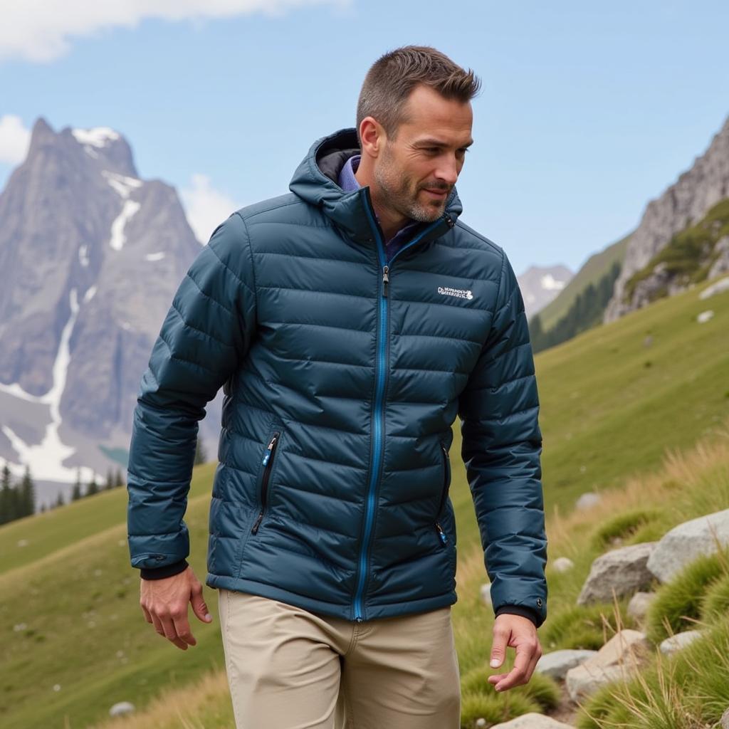 Man Hiking in the Outdoor Research Men's Helium Down Hoodie