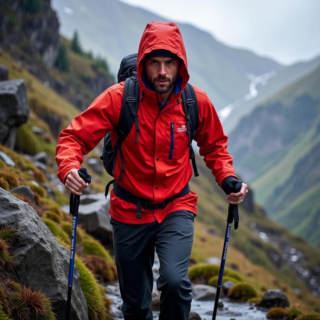 Outdoor Research Microgravity Ascentshell Jacket protecting hiker in heavy rain