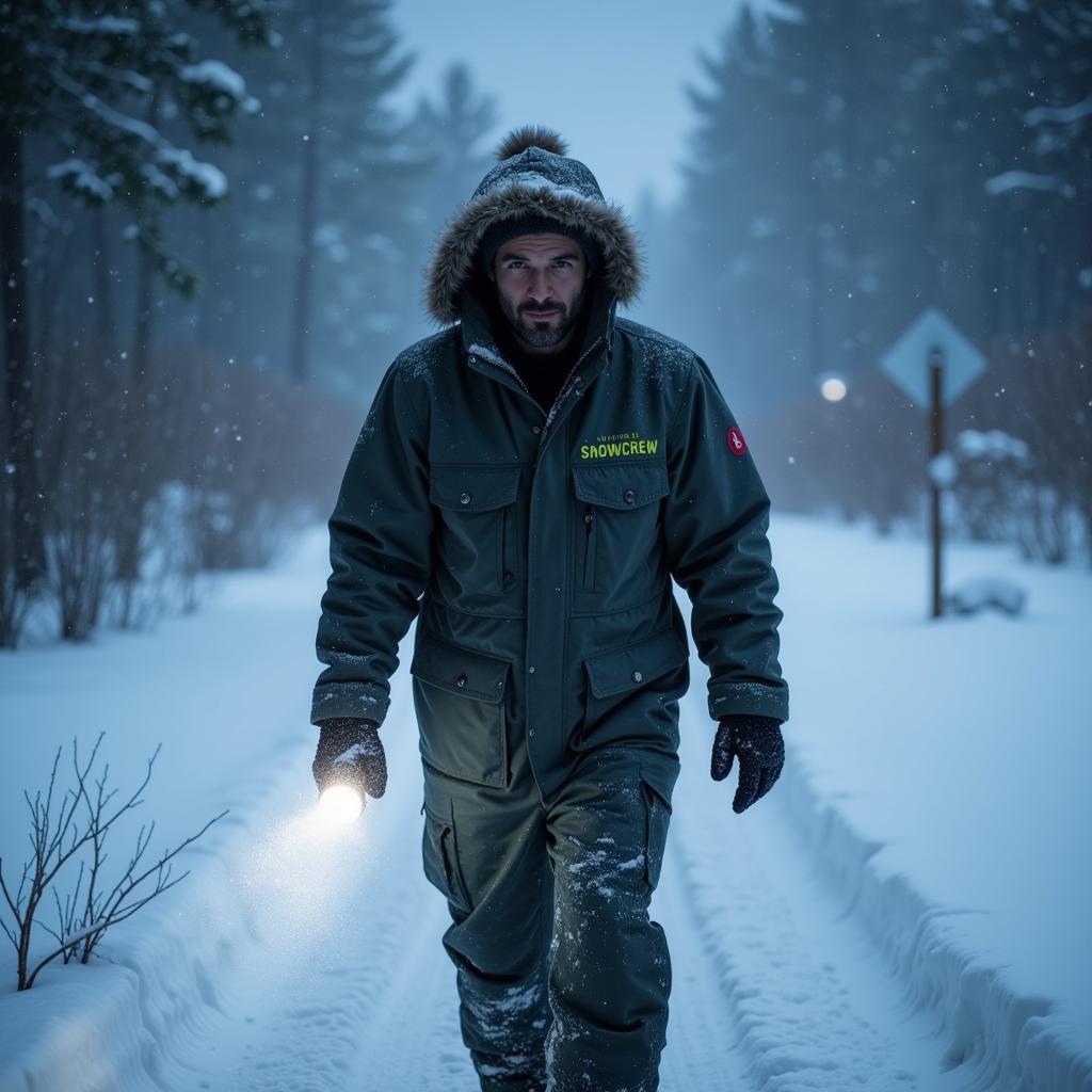 Paranormal investigator wearing Outdoor Research Snowcrew Bibs in a blizzard