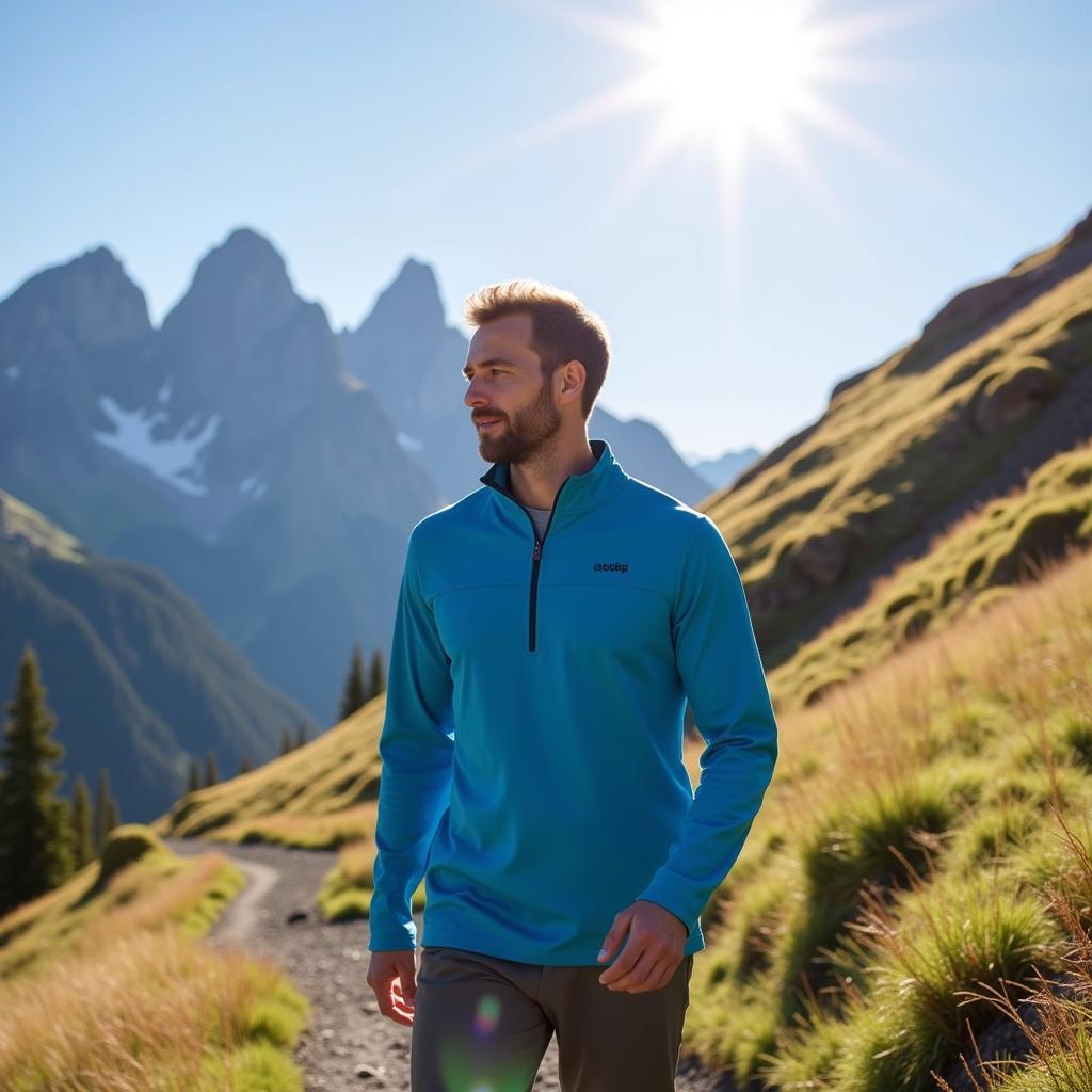 Man hiking in the mountains wearing the Outdoor Research Vigor Quarter Zip