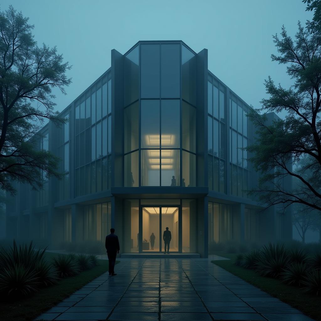 Paragon Research Institute's main building exterior, featuring modern architecture and a mysterious atmosphere.