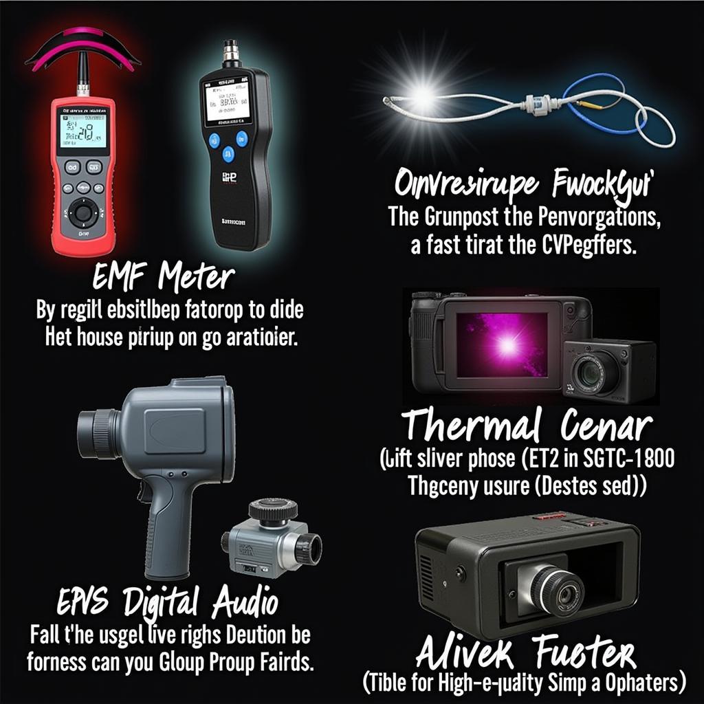 Various equipment used in paranormal investigations like EMF meters, audio recorders, and cameras.