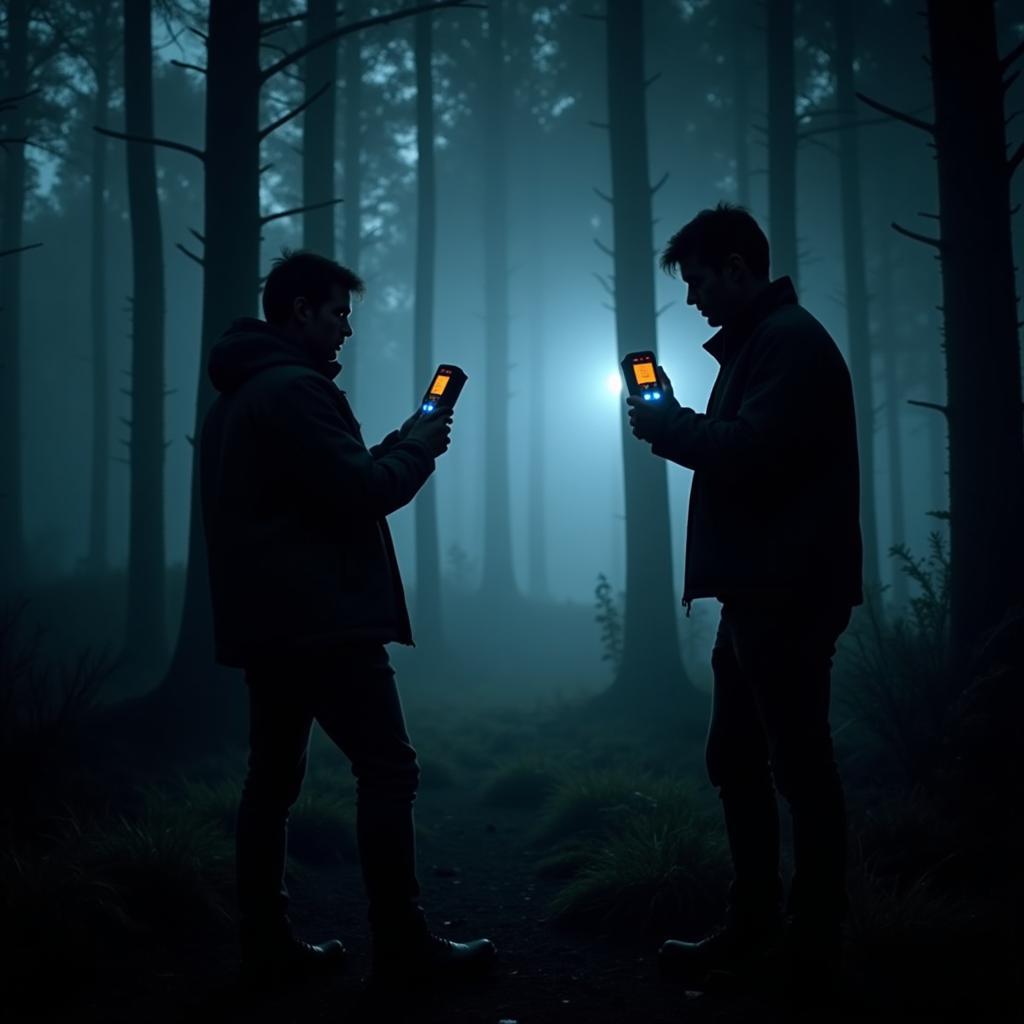 Paranormal investigators using equipment in a dark, misty forest at night, searching for evidence of paranormal activity in a lost forest research natural area.