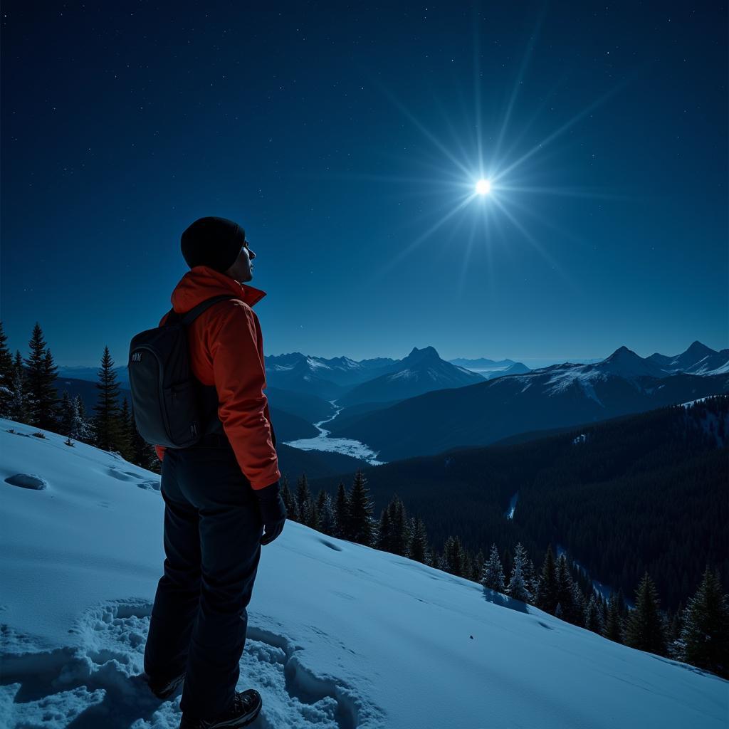 Investigator wearing Outdoor Research Snowcrew Bibs on a snowy mountain at night