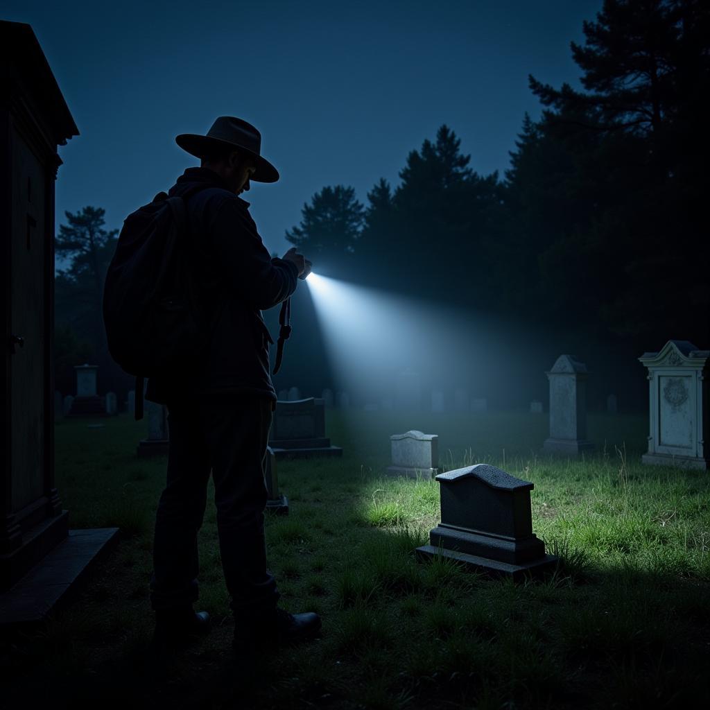 Paranormal Investigator Wearing Helios Sun Hat at Night