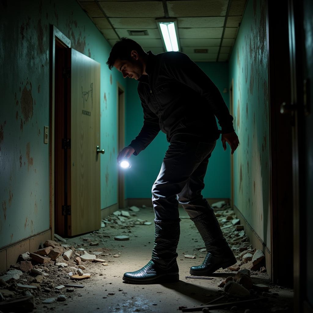 Paranormal Investigator Equipped with Gaiters in Abandoned Building