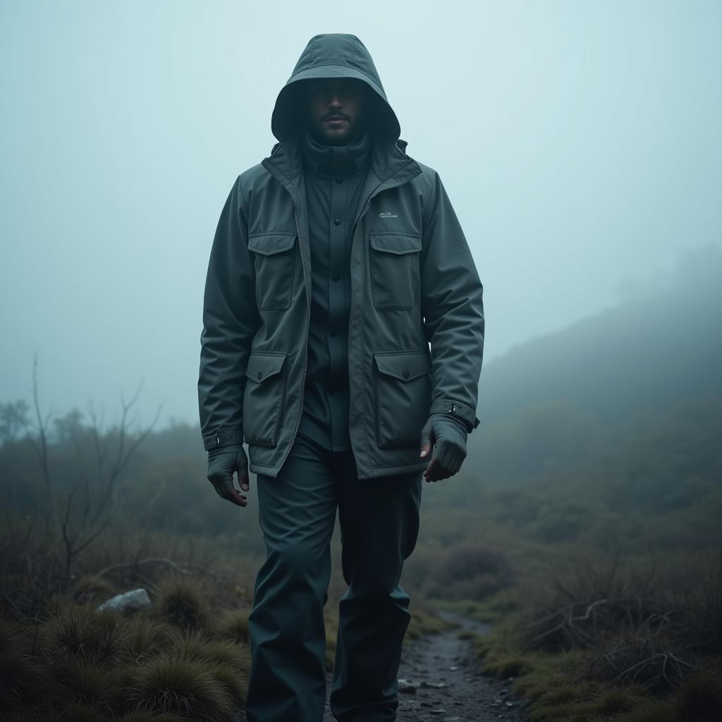 Paranormal investigator with full Outdoor Research Shadow gear, including jacket, pants, and hat, standing in a foggy, atmospheric landscape.